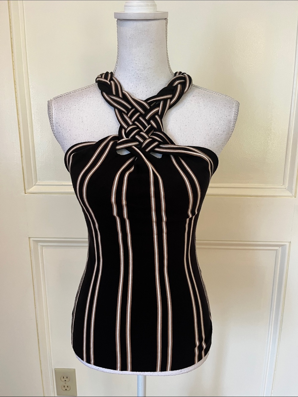 White House Black Market Black & Cream Striped Knotted Halter Tank